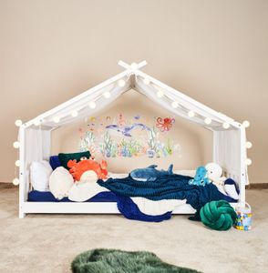 Alavya Home® Betthimmel Moon 1 Stück 360 cm mit 2x 10er LED-Baumwoll-Lichterkette für Hausbett Montessori Weiß