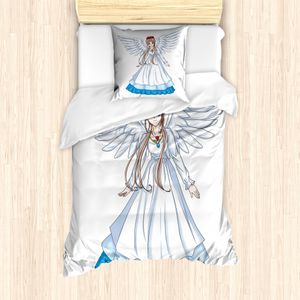 ABAKUHAUS Anime Mantele, Cartoon mit Angel Wings, Milbensicher Allergiker geeignet mit Kissenbezügen, 135 cm x 200 cm - 80 x 80 cm, Weiß Blau