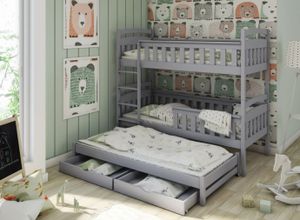 Detská poschodová posteľ z masívneho borovicového dreva HERMIONA s prístelkou a zásuvkami - 200x90 cm - svetlosivá