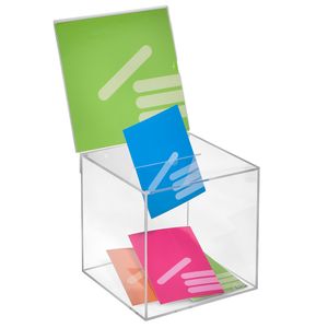 Losbox aus Acrylglas in 200x200x200mm mit Topschild 210x210mm - Zeigis® / Spendenbox / Aktionsbox / Gewinnspielbox / transparent / durchsichtig / Acryl