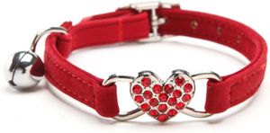 FNCF Verstellbares Katzen-Halsband mit Glocke und Herzanhänger mit Kristallsteinen, weicher Samtstoff,20,3-28 cm (Rot)