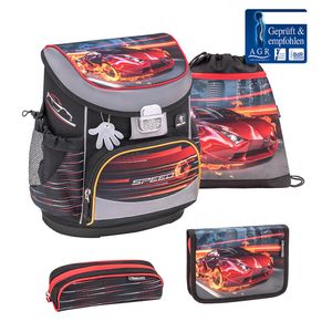 Belmil 405-33/AG/S Schulranzen Set 4 - teilig ergonomischer Schulranzen Jungen 1. klasse 2. klasse 3. klasse - Super Leicht 800-860 g/ Grundschule/ Auto;Rennautograu;schwarz,rot(405-33 Crazy Race)