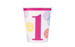 Párty kelímky 1. narozeniny růžové s puntíky - HOLKA - 270 ml - 8 ks - Happy birthday
