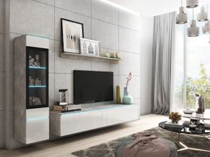 Minio, Wohnwand, "VEVE1", 3-Teilig, mit LED-Beleuchtung, Wohnzimmer, hängend, stehend, Beton / Weiss Farbe