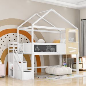 Hochbett, Kinderbett mit Lattenrost und Schubladen, 90x200 cm, Einzelbett aus Kieferholz, inkl. Treppe, Spielbett, Hausbett