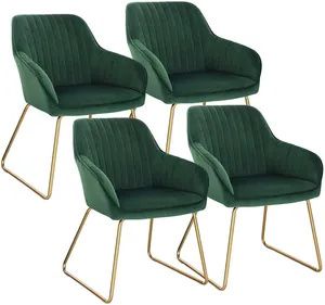 WOLTU 4x Küchenstuhl Sessel mit Armlehne, aus Samt, Goldmetallbeine, Dunkelgrün