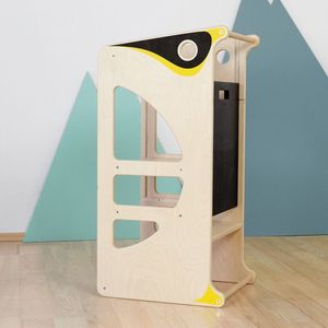 Montessori Lernturm 4 in 1 - PENGUIN - Naturholz mit Stickern und Schiefertafel