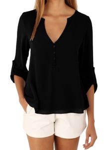 Damen Langarmshirts V-Ausschnitt Bluse Lässig Shirt Arbeit Einfarbig Oberteile Hemdbluse Schwarz,Größe M