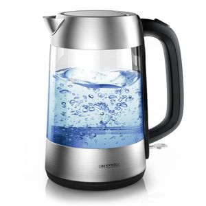 Arendo Wasserkocher Glas Edelstahl, 1,7 Liter, 2200 Watt, mit Überhitzungsschutz & Trockengehschutz, Silber