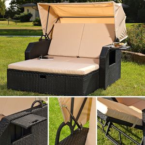 Strandkorb Schwarz Sonnendach Sonnenliege Sonnenbett Polyrattan Lounge Garten