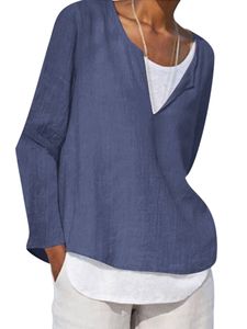 Damen Blusen Baumwolle Oberteile Langarm T-Shirt Casual Shirts Lose Locker Tops Blau,Größe XL