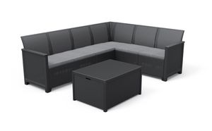 Keter Lounge Set Eck-Set Emma  - graphit , 6-Sitzer Sofa (Ecksofa)+ 1 Arica Tisch mit Truhenfunktion + 5 Sitzauflagen