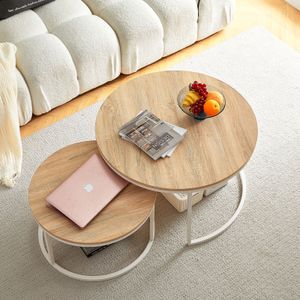 IPOTIUS odkládací stolek dub textura sada 2 ks, konferenční stolek kulatý, sada odkládacího stolku, kulatý stolek do obývacího pokoje, voděodolný, nen