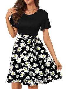 Damen Sommerkleider Kurzarm Elegant Minikleid Strandkleider High Waist Rüsche Kleider Chrysantheme,Größe S