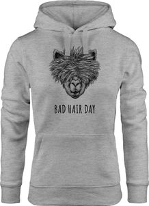 Damen Hoodie Lama Bad Hair day Spruch Llama Alpaka Statement Kapuzen-Pullover Moonworks® grau XS