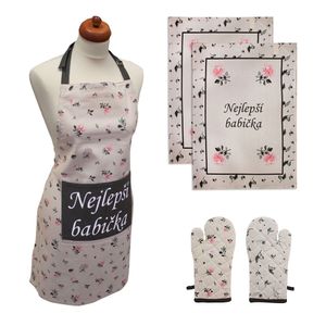 HOME ELEMENTS Set Nejlepší babička, zástěra, chňapka s magnetem, dvě utěrky