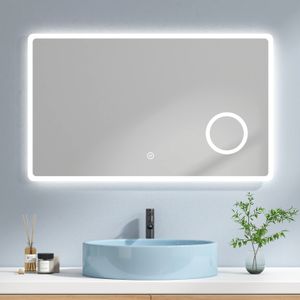 EMKE LED Badspiegel 100x60cm Badezimmerspiegel mit Beleuchtung Kaltweiß Lichtspiegel Wandspiegel mit Touch-Schalter + 3-Fach Vergrößerung Schminkspiegel IP44 Energiesparend