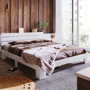 Merax Manželská posteľ 140x200 cm Funkčná posteľ s čelom a lamelovým roštom, masívna borovicová posteľ Rám postele Drevená posteľ, biela