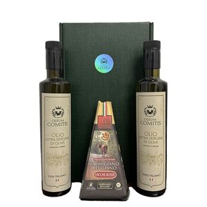 Oleum Comitis - Extra panenský olivový olej 100 % taliansky - darčekové balenie s 2 x 500 ml fľašami a Parmigiano Reggiano DOP Vacche Rosse 24 mesiacov