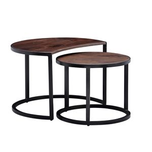 WOHNLING Couchtisch 2er Set Mango Massivholz / Metall Wohnzimmertisch Rund, Industrial Beistelltisch mit Metallbeine Schwarz, Tischset 2-teilig Satztisch Holz