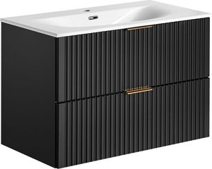 Waschtischunterschrank mit Waschbecken 80cm ADELAIDE-56-BLACK in matt schwarz mit gerillter Front, B/H/T ca. 81/58,5/46 cm
