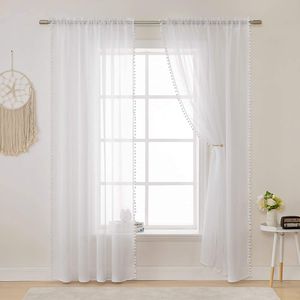 Fenstervorhang Voile mit Pompom Gardine Weiß Halbtransparent Vorhang für Wohnzimmer Schlafzimmer, 132x240cm