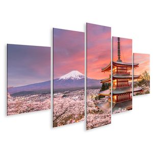 Bild auf Leinwand Fujiyoshida Japan Blick Mt Fuji Pagode Frühling Saison Kirschblüten Dämmerung Wandbild Poster Kunstdruck Bilder 170x80cm 5-teilig