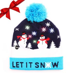 LED Weihnachtsmütze Erwachsene - Uni Nikolaus Mütze mit Bommrel - Blaue Dehnbare Strickmütze mit 6 LED-Lichtern - mit Schneefall bedruckt - Leuchtende-Weihnachtsmütze für Weihnachtsfeier