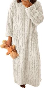 Herbst-Winter-Nachthemd, dickes Korallenvlies, lose Taschen, warm, einfarbig, Rundhalsausschnitt, verdrehte Textur, lange Ärmel, volle Länge, Thermo-Homewear, Damen-Nachthemd