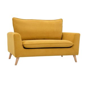 Miliboo - Skandinavisches Sofa aus senfgelbem Stoff mit Samteffekt und hellem Holz 2-Sitzer JONAS