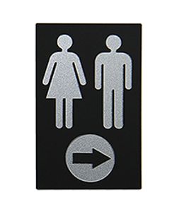 Schilder, WC-Schild, Wegweiser, Toilettenschild "Frau + Mann mit Pfeil" silber auf schwarz
