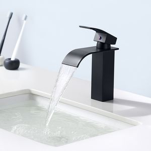 Auralum Messing Waschtischarmatur Schwarz Wasserfall Wasserhahn Bad Waschbecken Armatur Einhebelmischer Badarmatur Mischbatterie für Badezimmer