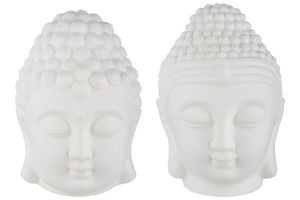 2er Set innenbeleuchtete Buddha-Köpfe, Feng Shui Dekoration, Farbe weiß matt, mit LED Innenbeleuchtung, Material Keramik, spirituelles Wohnaccessoire, ideal als Geschenk, Maße je 14 x 11 x 10 cm