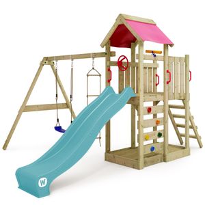 WICKEY hrací věž MultiFlyer s houpačkou a skluzavkou, šplhací věž s pískovištěm, žebříkem a hracími doplňky - tyrkysová barva