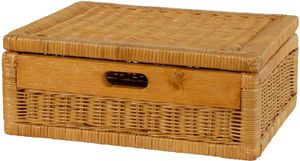 KRINES HOME Flacher Korb mit Deckel Rattan geflochten Farbe Honig, Regalkorb, Schrankkorb