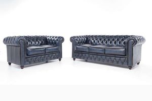Chesterfield Sofa Original Leder  2 + 3  Sitzer Antik Blau |