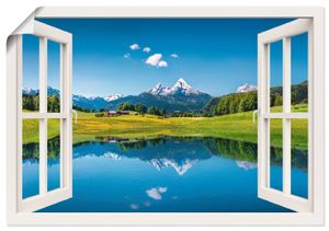 canadastock: Fensterblick - Panoramasicht auf eine idyllische Sommer Landschaft in den Alpen und Bergsee, Produkt:Poster, Größe (HxB):70x100 cm / Poster