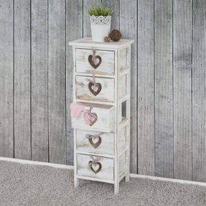Forli komoda, szafka, 5 szuflad z serduszkami 86x29x25cm, shabby look, vintage ~ white