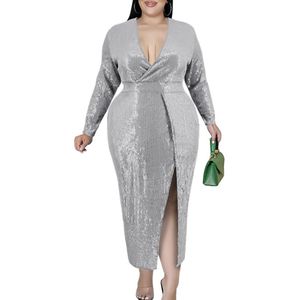 Damen Cocktailkleider Partykleid Plus Size Kleid Weiche Maxikleider Lässige Geteilte Silber,Größe:EU 4XL