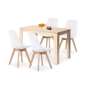 HJ_WeDoo Essgruppe Esszimmer Moderner Eichenholz-Optik Esstisch mit 4 Weiß Stühlen aus massiver Buche enthalten, für Esszimmer, Industrie-Design