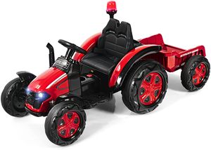 COSTWAY 12V Traktor mit 2,4G Fernbedienung und abnehmbarem Anhänger, 2-in-1 Kinder Aufsitztraktor mit Scheinwerfer, Hupe, MP3-Player & USB-Anschluss, Elektrotraktor für Kinder 3-8 Jahren (Rot)