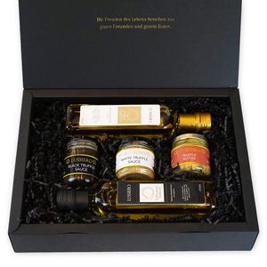 Lussiero Geschenkbox - Gemeinsam genießen - Geschenkset aus zwei Trüffelsaucen, Trüffelbutter, schwarzem und weißem Trüffelöl Trüffel Präsentkorb