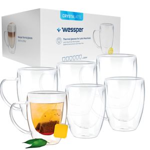 Wessper Dwuścienne filiżanki do kawy z uchwytem, 6 x 350 ml, duże żaroodporne szkło dwuścienne, termokubki, żaroodporne filiżanki do kawy, szalik