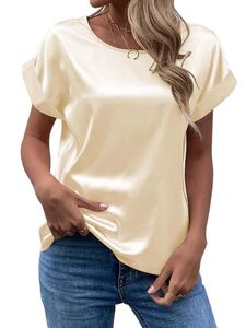 Damen Blusen Satin T-Shirt Soft Tee Lose Kurzarm Tunika Comfy Bluse Lässig Oberteile Aprikose,Größe XL