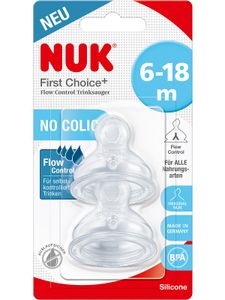 NUK Baby NUK First Choice+ Flow Control Silikon-Trinksauger, kiefergerechte NUK Form, auslaufsicher, 6-18 Monate, 2 Stück Flaschensauger Babys 1. Jahr Flaschenzubehör bayw1120