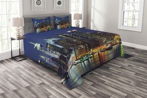 ABAKUHAUS New York Tagesdecke Set, NYC Midtown Skyline, Set mit Kissenbezügen Waschbar, für Einselbetten 220 x 220 cm, Königsblau