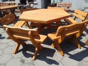 Gartenmöbel AR-12, Holzgartenmöbel, Terassensets, Tisch mit 6 Banke, Optional für 12 Personen.
