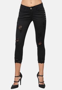 Damen Skinny Denim Jeans Hosen mit Strass und cropped destroyed Design, Farben:Schwarz, Größe:36