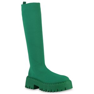 VAN HILL Damen Plateaustiefel Stiefel Blockabsatz Strick Profil-Sohle Schuh 839550, Farbe: Grün, Größe: 38