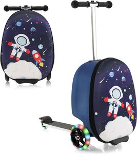 2 in 1 Kinderkoffer & Scooter Kinder ab 5 Jahre, Kindertrolley mit Blinkenden LED-Rädern, Kindergepäck 19 Zoll für Reisen (Astronaut)